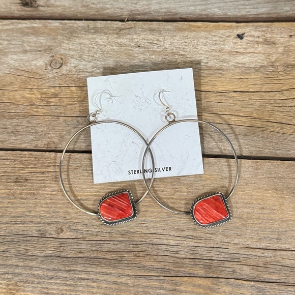 Sterling Silver Hoop Earrings with Red Spiny